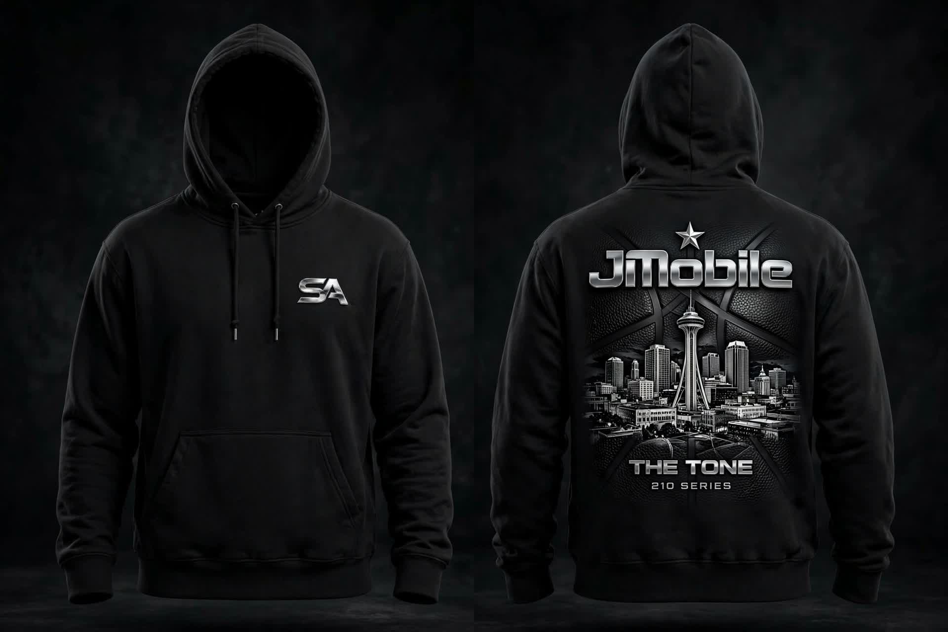 The Tone 210 Series JMobile hoodie in black with SA skyline basketball graphic, front and back views