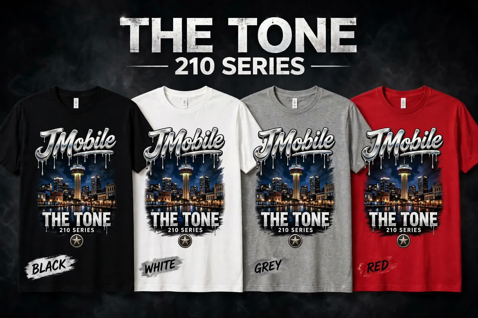 The Tone 210 Series JMobile T-shirt in four colors with San Antonio skyline design