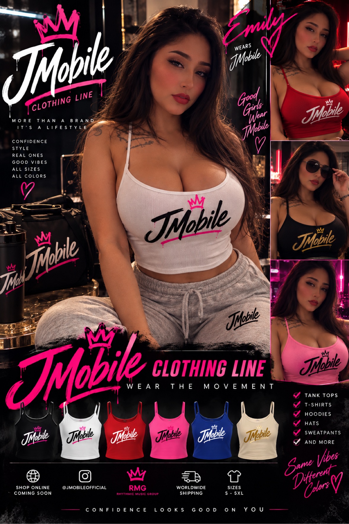 JMobile campaign featuring a white logo tank and loungewear