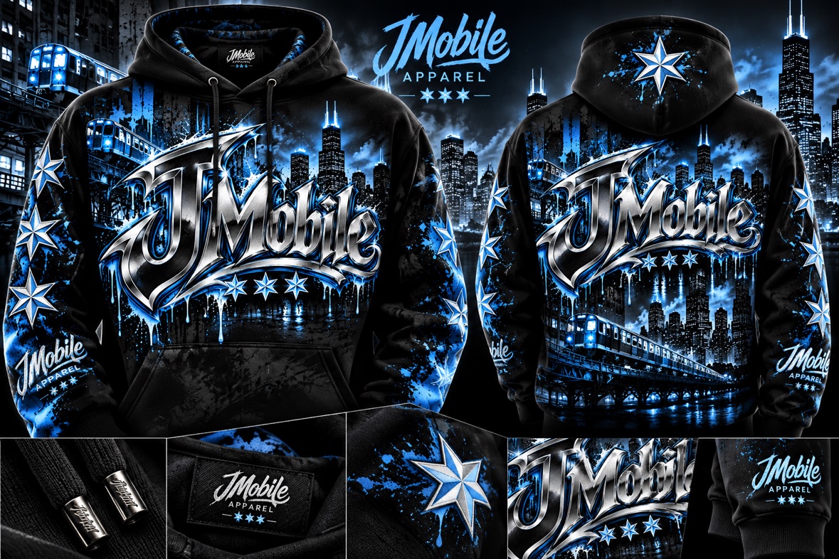 Chicago Edition JMobile hoodie in black with Chi-Town skyline graphic, front and back views