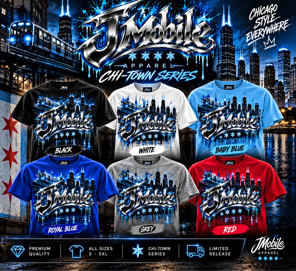 Chicago Edition JMobile graphic T-shirt in six colors with Chi-Town skyline design