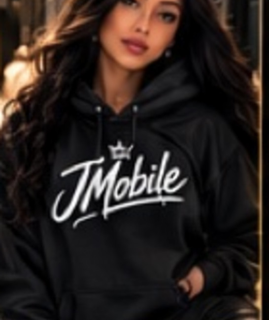 JMobile model wearing a black branded hoodie