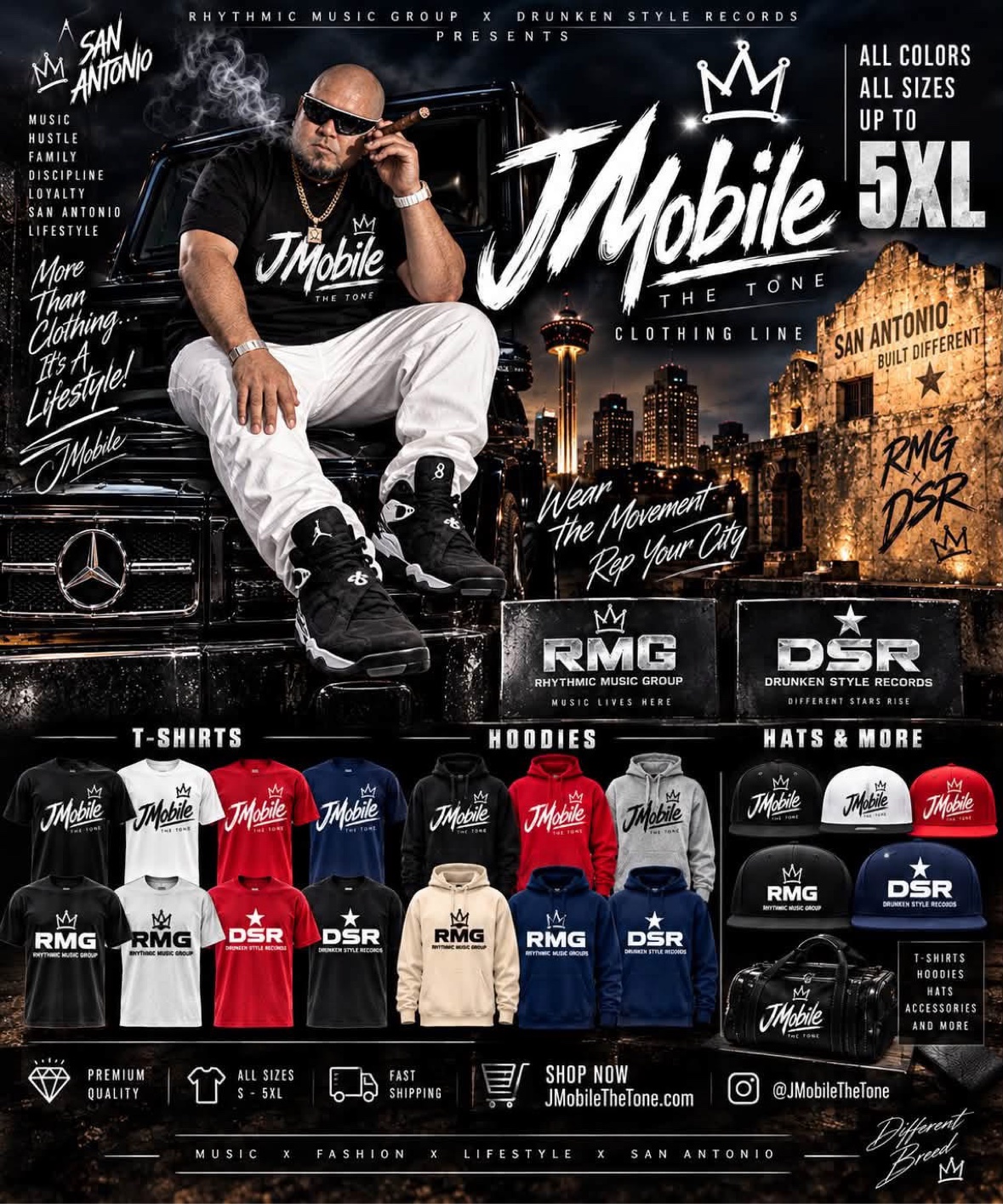 JMobile Classic T-Shirt lineup in black, white, red, and blue