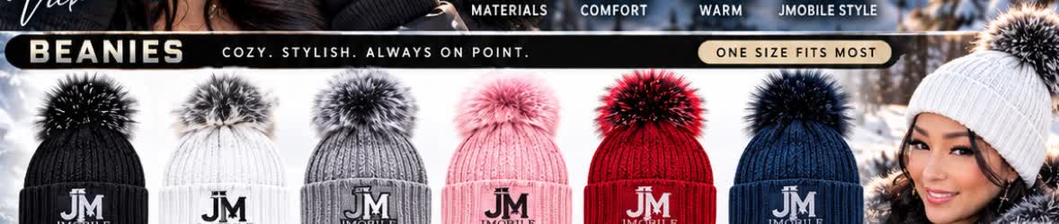 Women's Winter Line beanies in six colors with faux fur pom-poms and JM logo