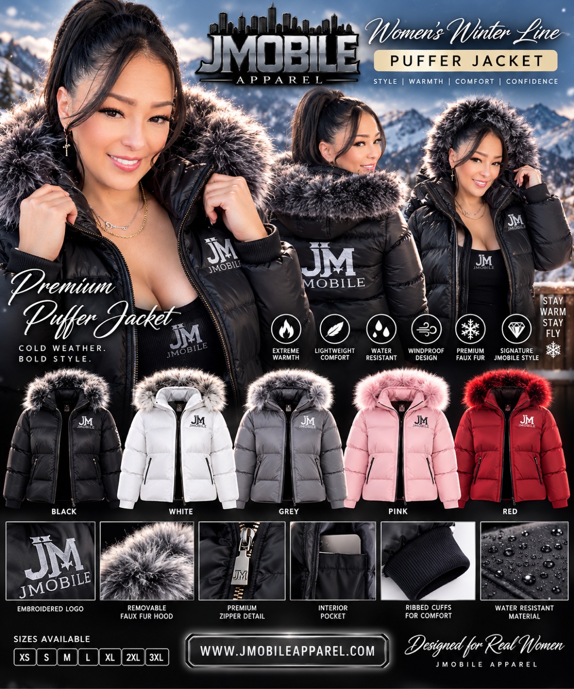 Women's Winter Line premium puffer jacket shown in black, white, grey, pink, and red with faux fur hood